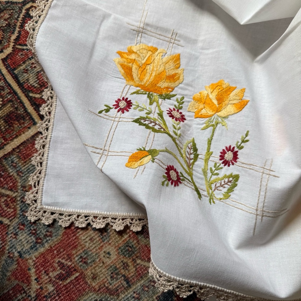 Vtg Embroidered Floral Tablecloth with Yellow Accents - Picture 4 of 4